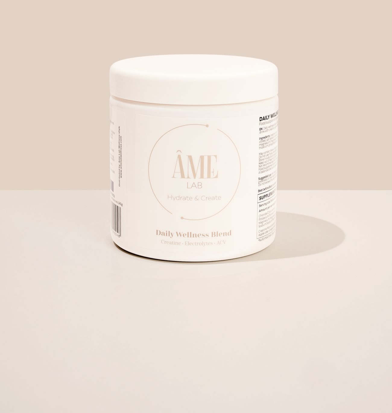 The Hydrate & Create jar in soft studio light