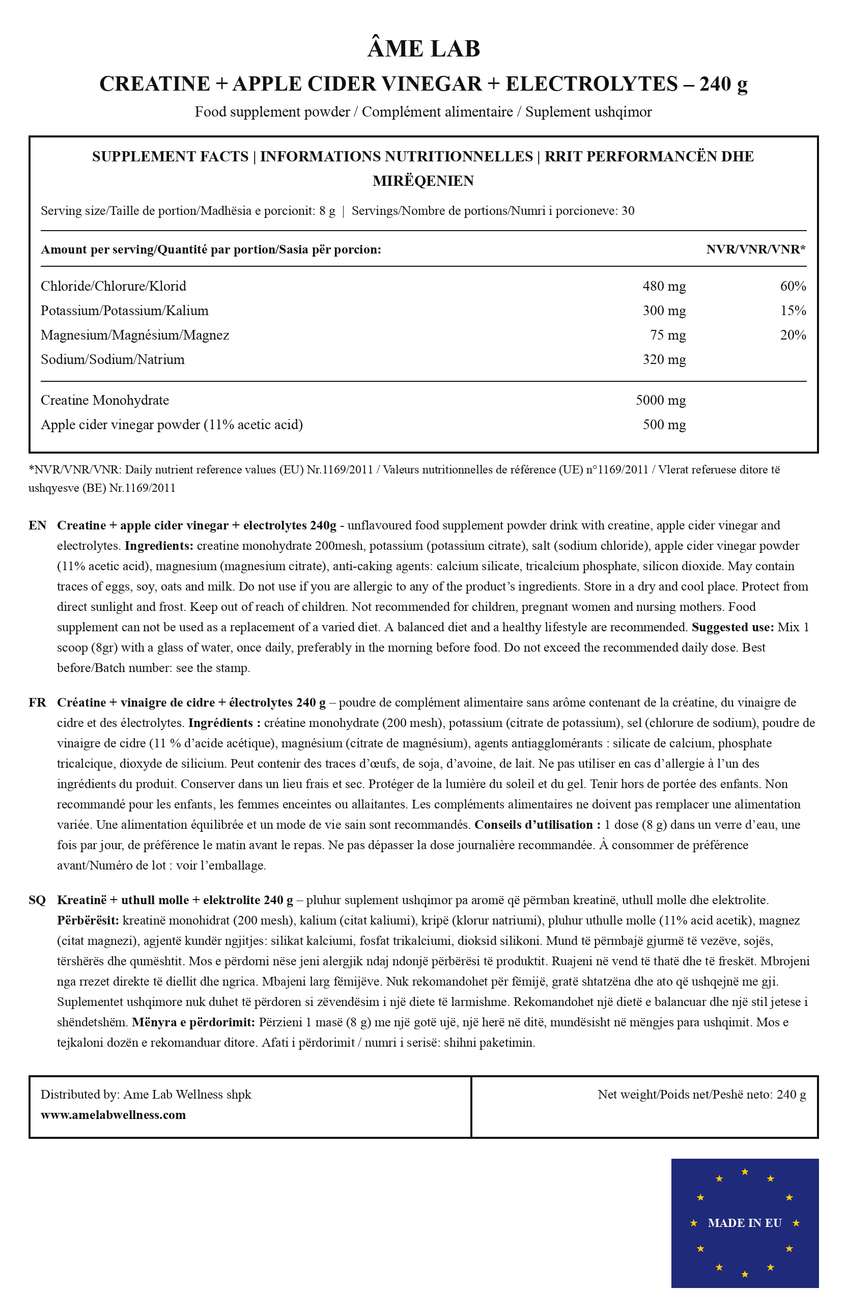 Back label: supplement facts, ingredients and usage